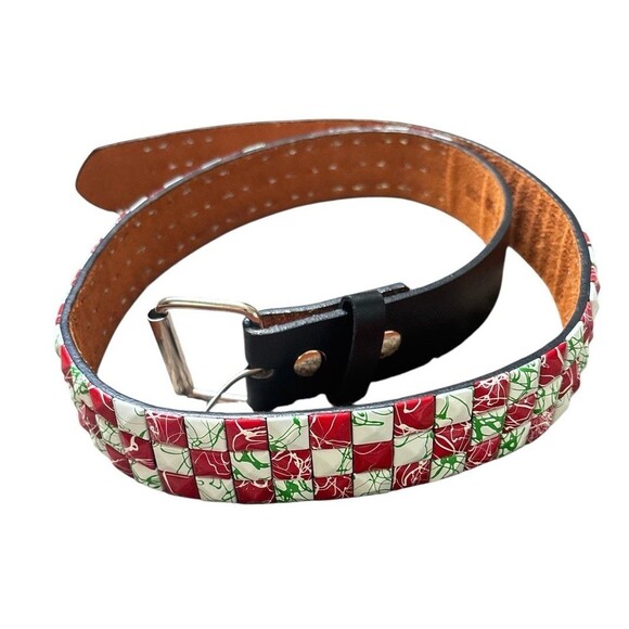 Belt Black Genuine Leather Italy White Red Green Splatter Studded Size M 34-38 - Picture 1 of 6
